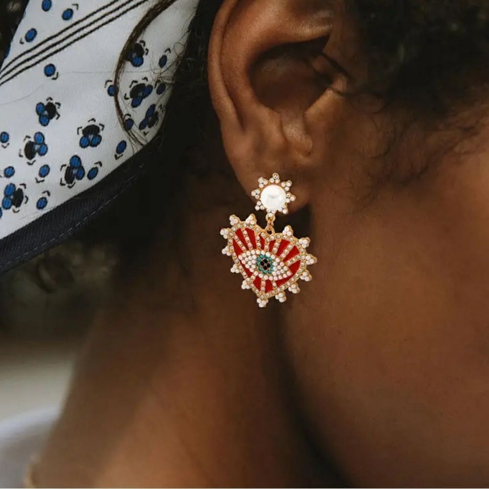 Gold Red Eye Drop Earrings with Pearl Accent
